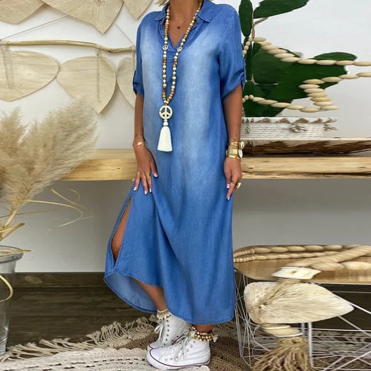 Norelia® | Lange jurk in denimlook met zijsplit