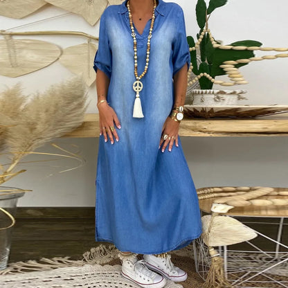 Norelia® | Lange jurk in denimlook met zijsplit
