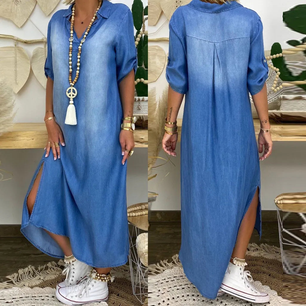 Norelia® | Lange jurk in denimlook met zijsplit