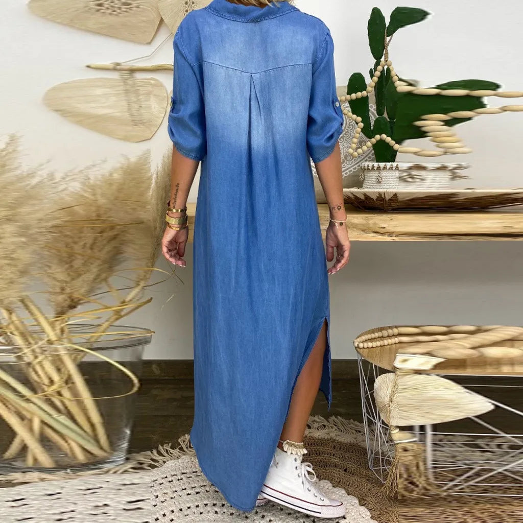 Norelia® | Lange jurk in denimlook met zijsplit