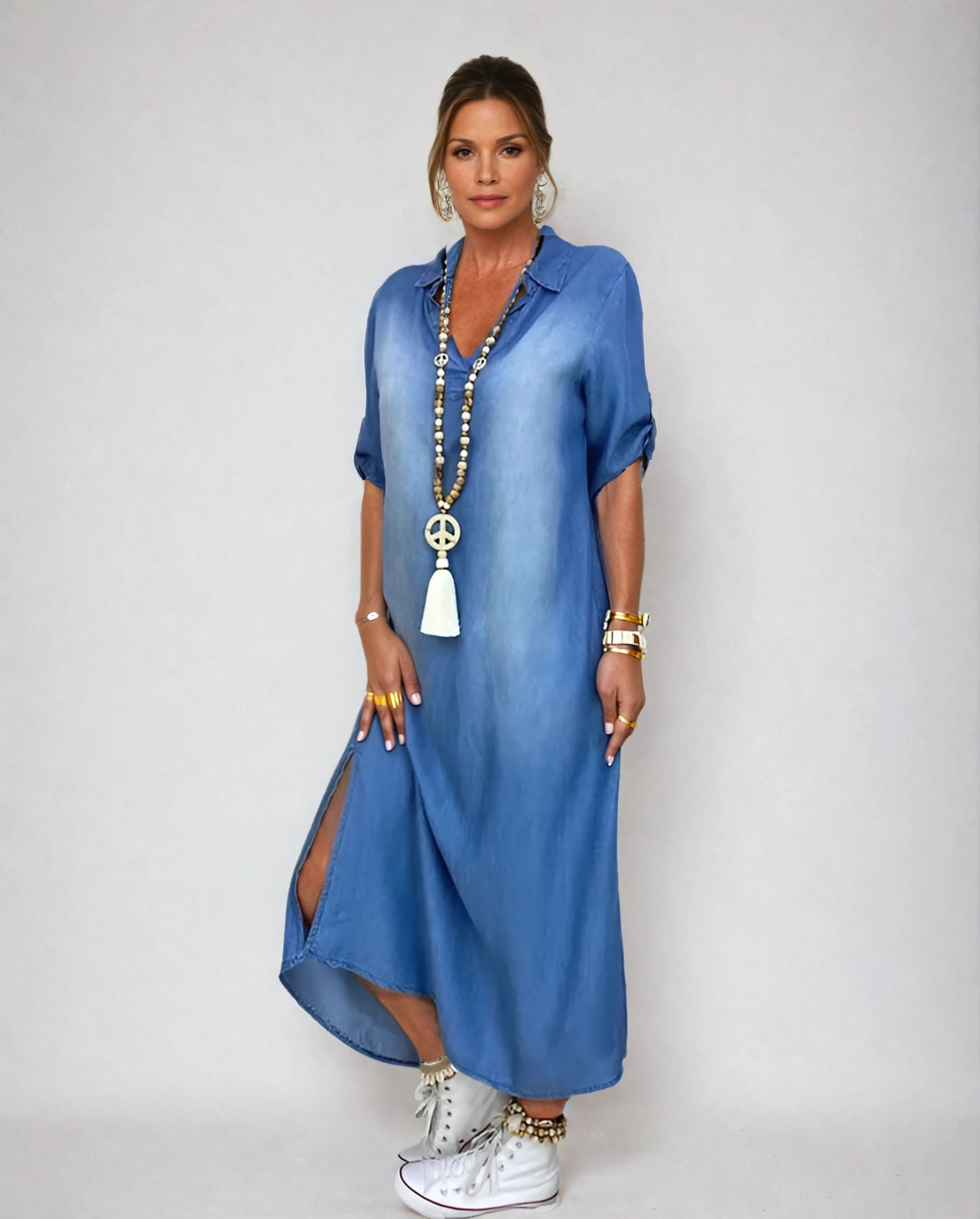 Norelia® | Lange jurk in denimlook met zijsplit
