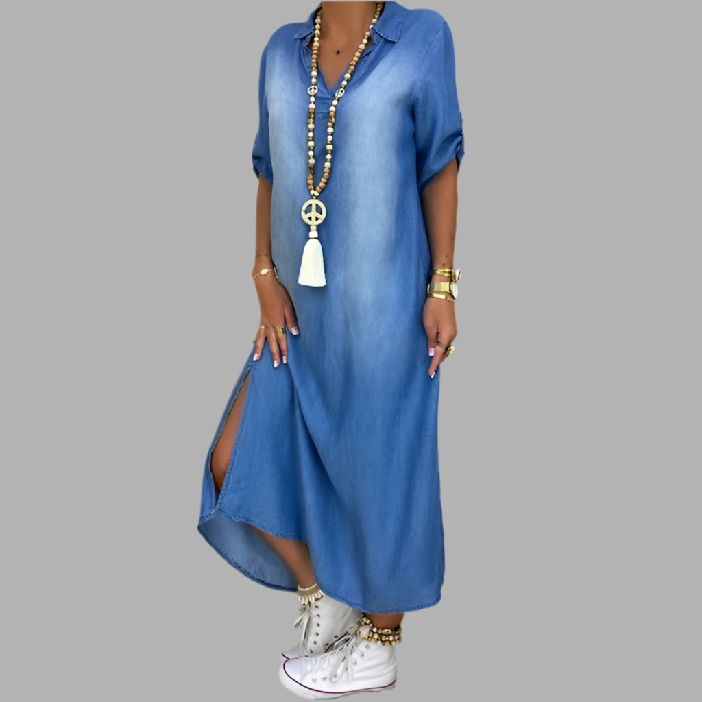 Norelia® | Lange jurk in denimlook met zijsplit