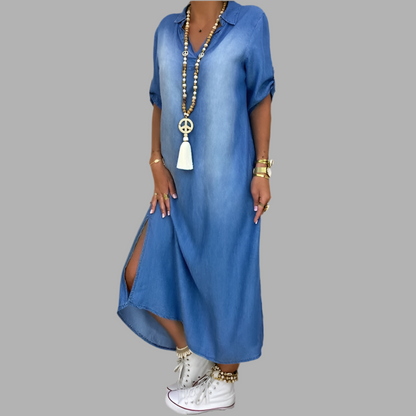 Norelia® | Lange jurk in denimlook met zijsplit