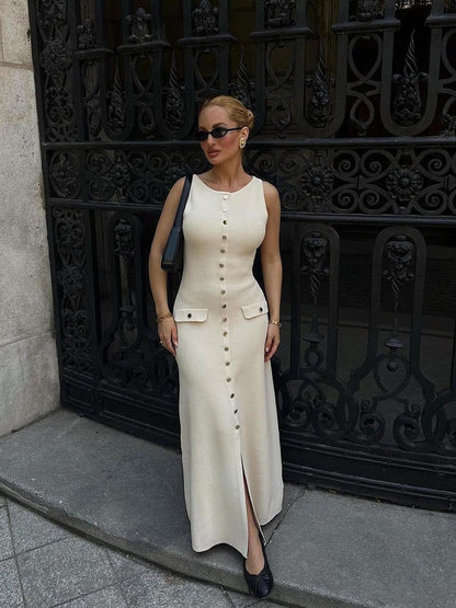 Fiona | Gebreide Mouwloze Maxi-jurk