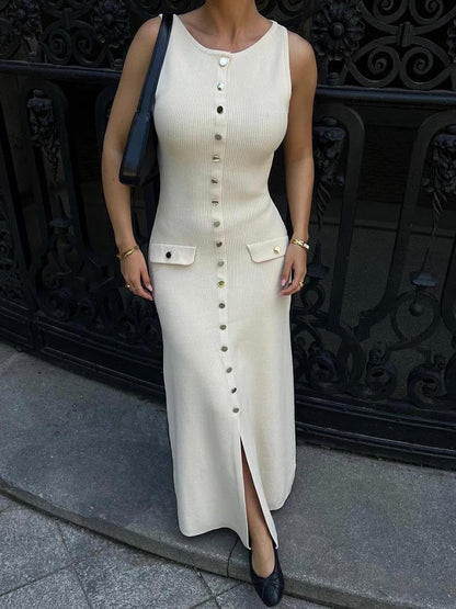 Fiona | Gebreide Mouwloze Maxi-jurk