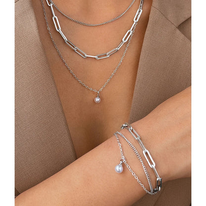Zilveren Drielagige Ketting & Armband met Parel Set