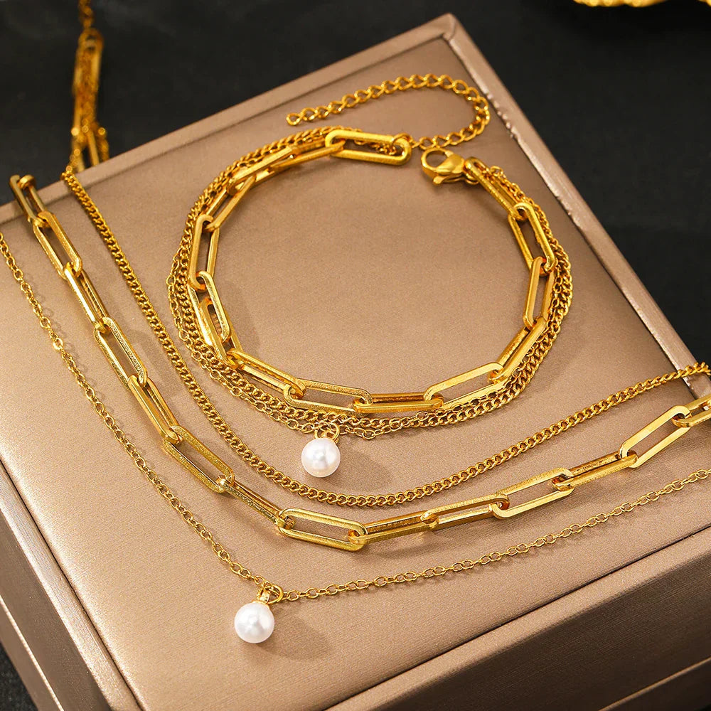 Set Drielagige En Armband Met Parel | Goud