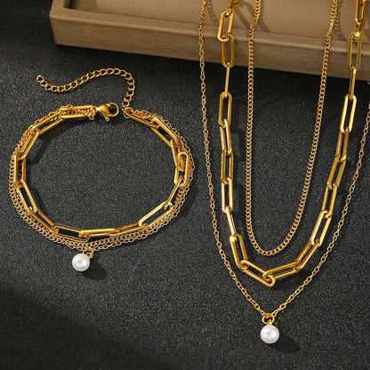 Set Drielagige En Armband Met Parel | Goud