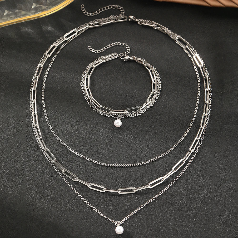 Zilveren Drielagige Ketting & Armband met Parel Set
