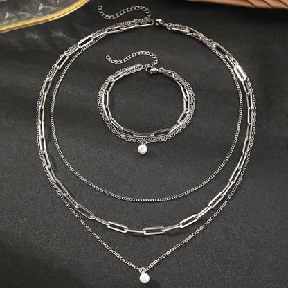 Zilveren Drielagige Ketting & Armband met Parel Set