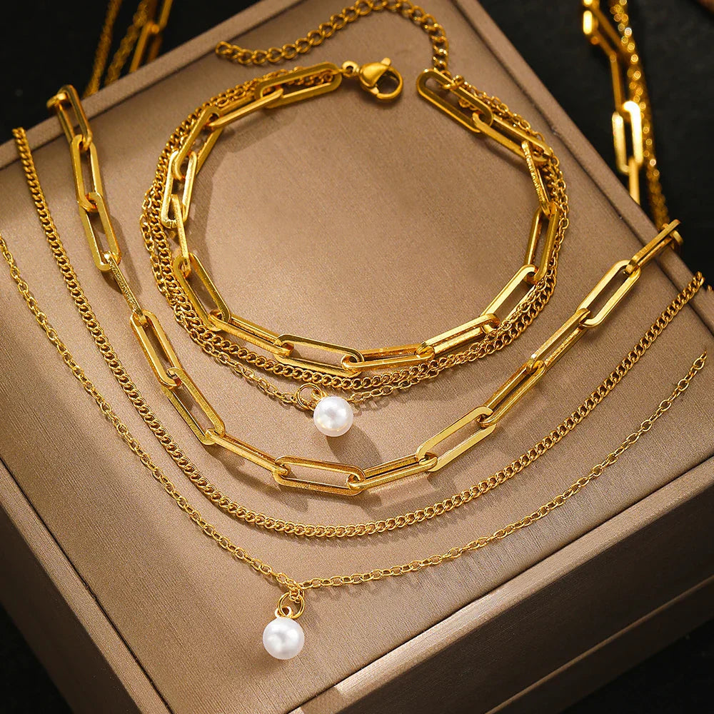 Set Drielagige En Armband Met Parel | Goud