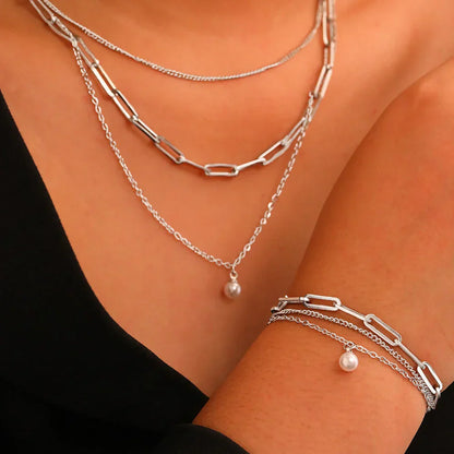 Zilveren Drielagige Ketting & Armband met Parel Set