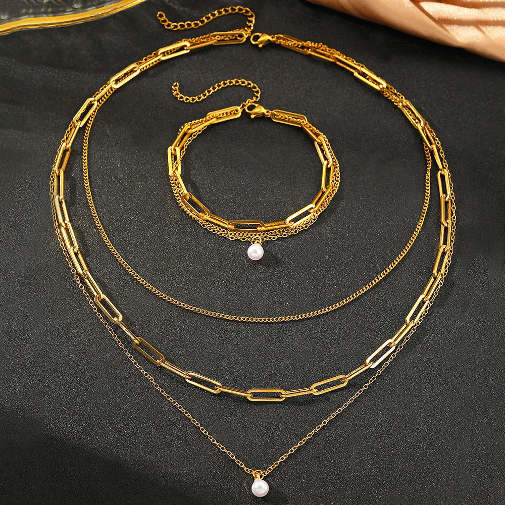 Set Drielagige En Armband Met Parel | Goud