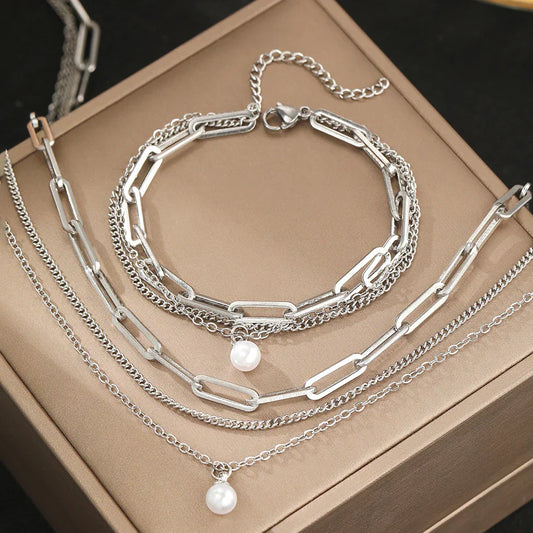 Zilveren Drielagige Ketting & Armband met Parel Set