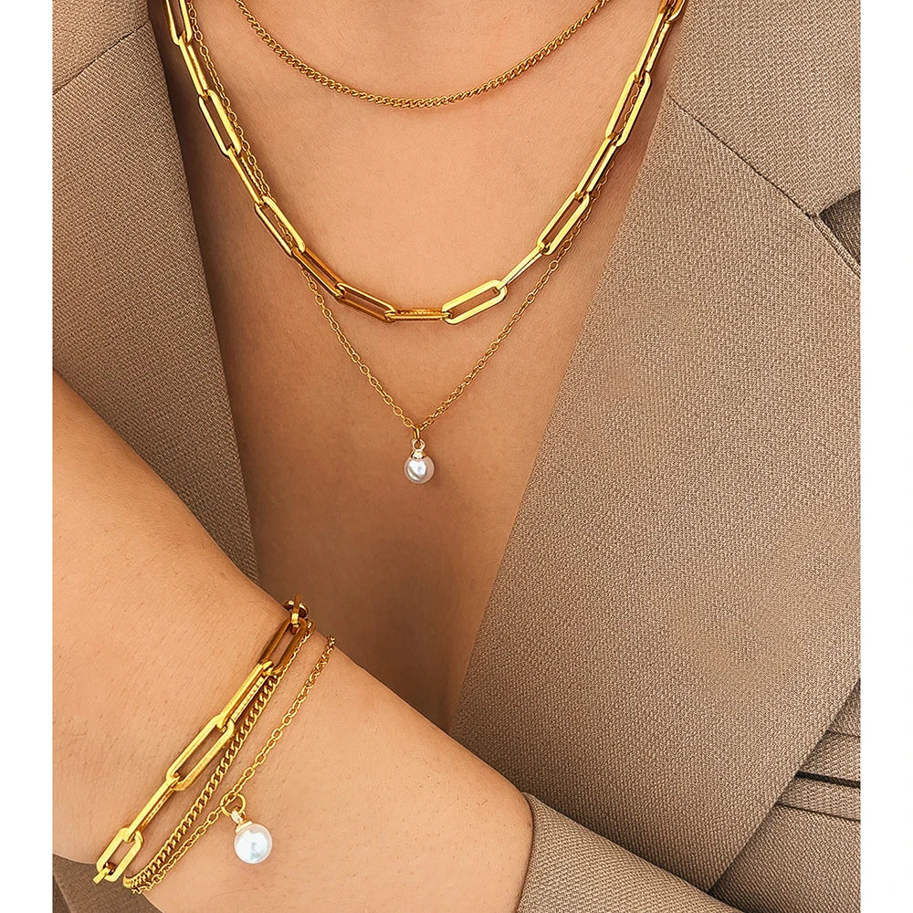 Set Drielagige En Armband Met Parel | Goud