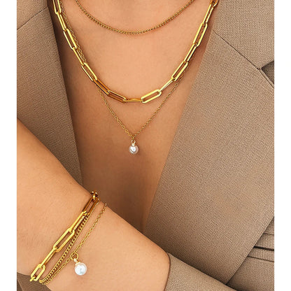 Set Drielagige En Armband Met Parel | Goud