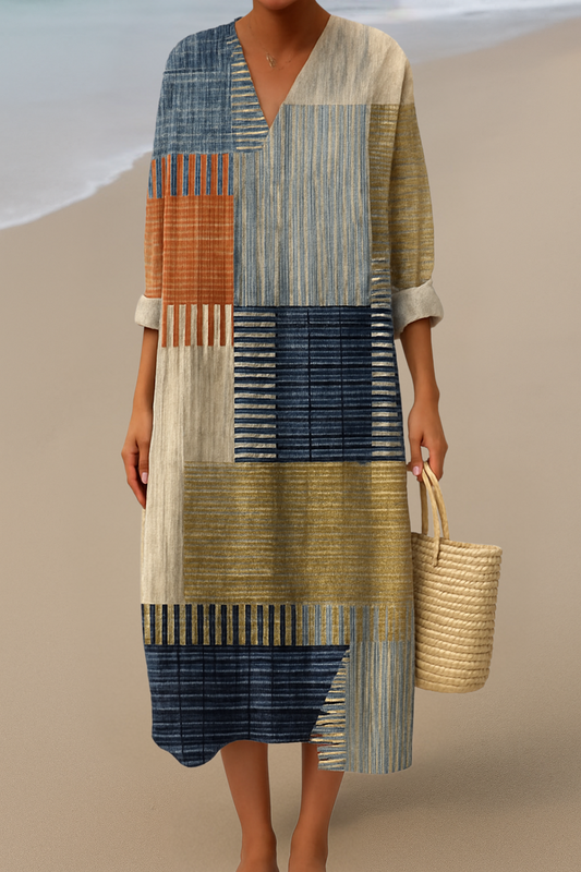 Sofie| Maxi-jurk met patchworkpatroon – Natuurlijke kleuren voor een bohemien look