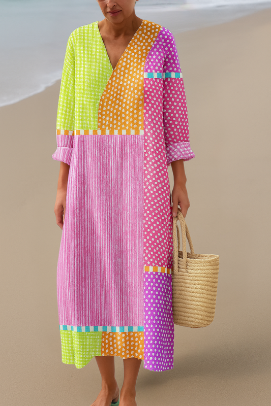 Sofie| Kleurrijke patchworkjurk – Vrolijke kleuren in artistieke flow