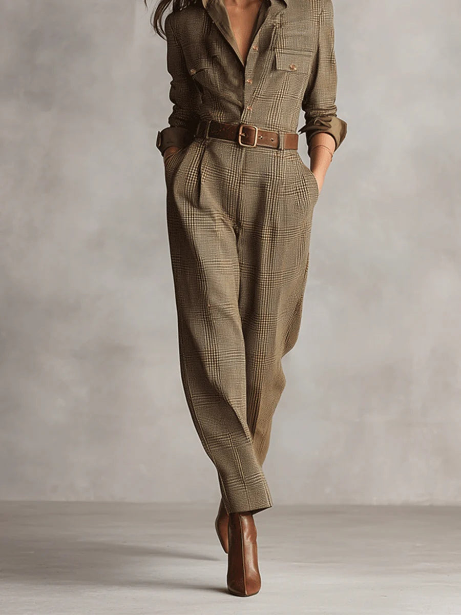 Kim | Verfijnde tweed textuur geruite utility jumpsuit