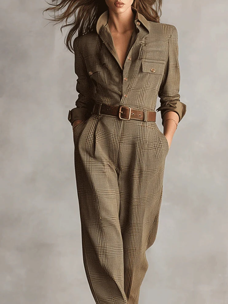 Kim | Verfijnde tweed textuur geruite utility jumpsuit