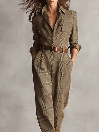 Kim | Verfijnde tweed textuur geruite utility jumpsuit