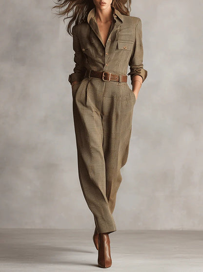 Kim | Verfijnde tweed textuur geruite utility jumpsuit