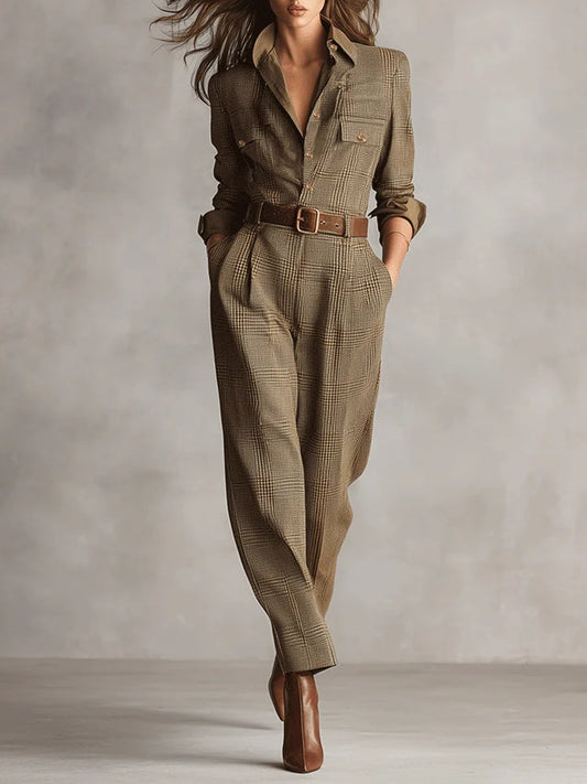 Kim | Verfijnde tweed textuur geruite utility jumpsuit