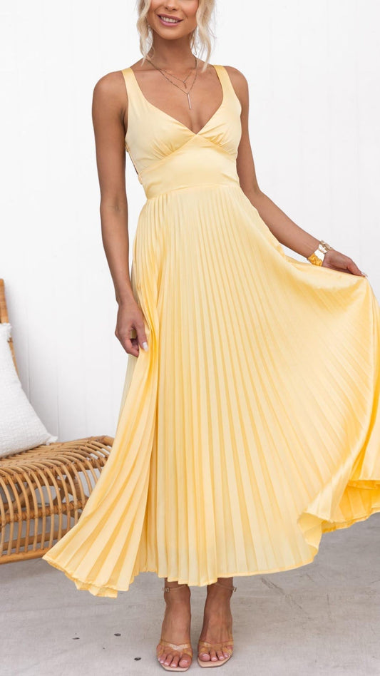 Aby™ | Gele Plissé V-hals Maxi jurk