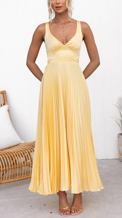 Aby™ | Gele Plissé V-hals Maxi jurk