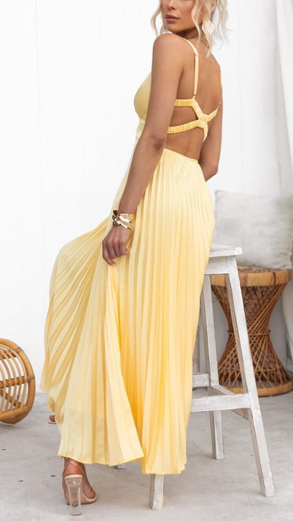 Aby™ | Gele Plissé V-hals Maxi jurk