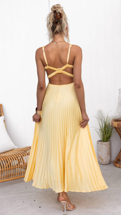 Aby™ | Gele Plissé V-hals Maxi jurk