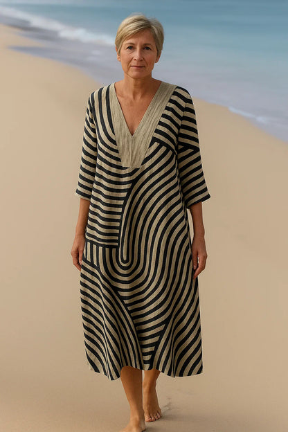 Sofie| Monochrome maxi-jurk met geometrisch patroon – Elegante vloeiing in zwart en beige