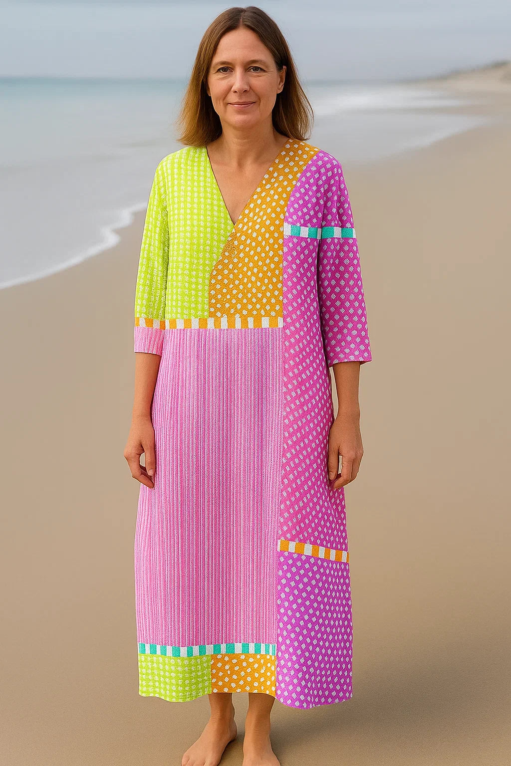 Sofie| Kleurrijke patchworkjurk – Vrolijke kleuren in artistieke flow