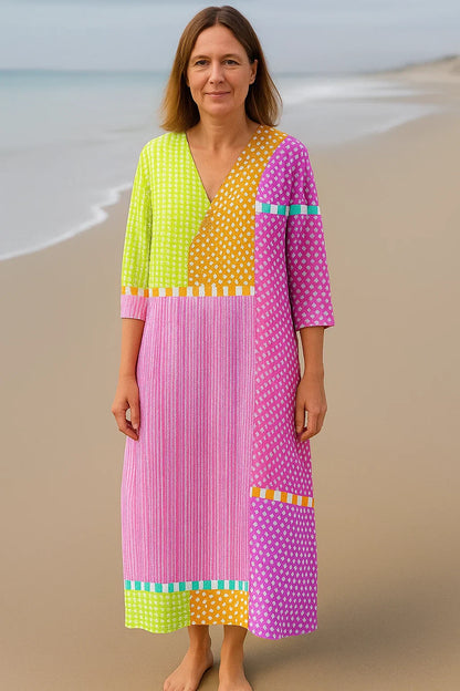 Sofie| Kleurrijke patchworkjurk – Vrolijke kleuren in artistieke flow