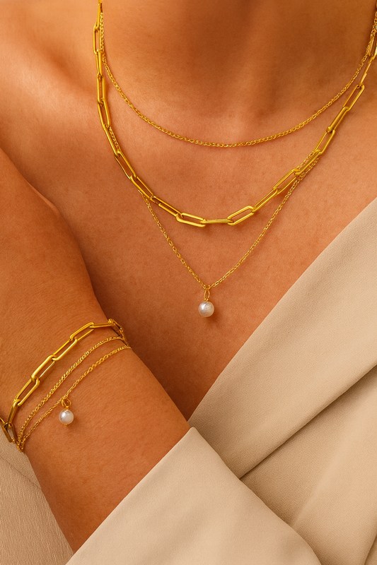 Set Drielagige En Armband Met Parel | Goud