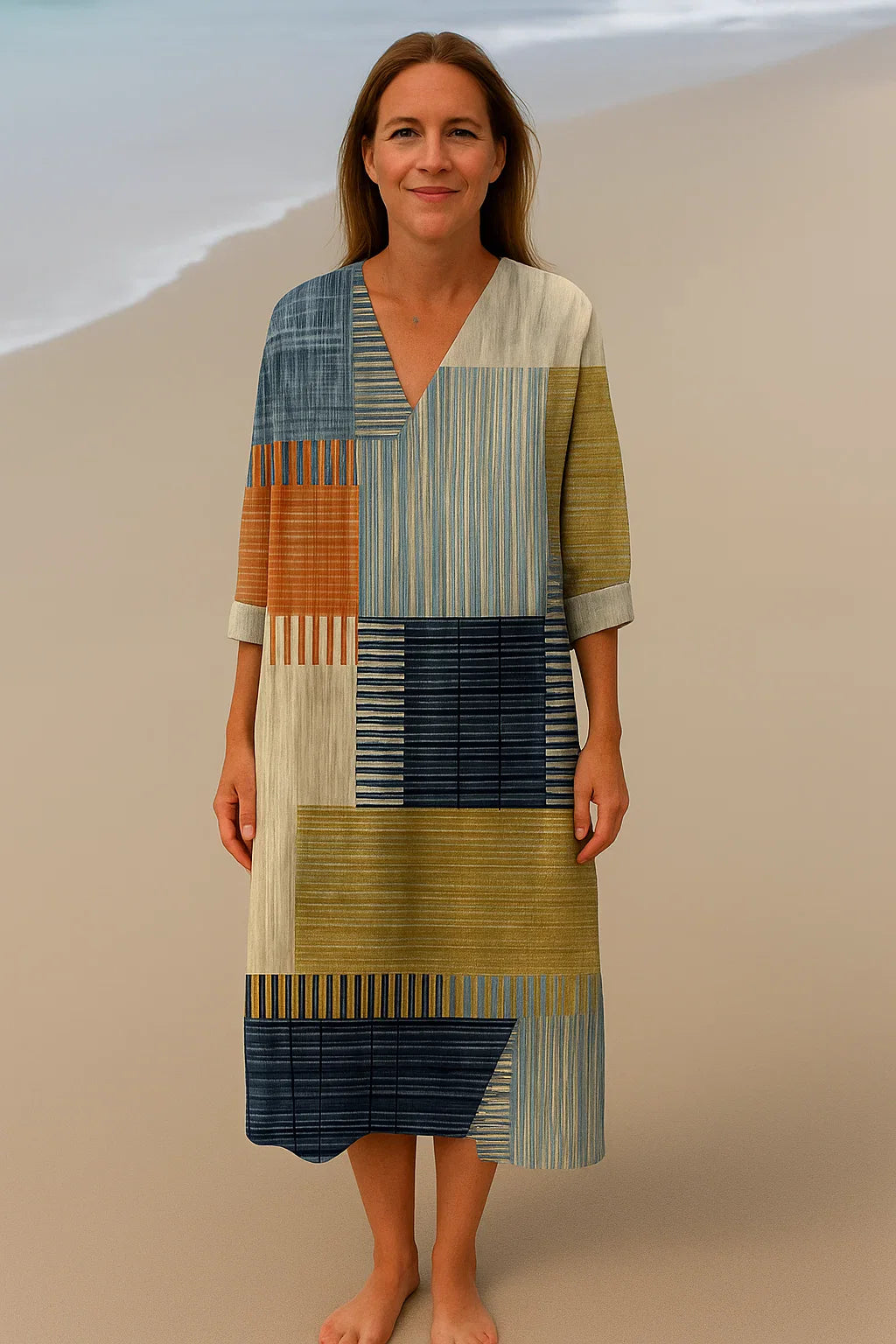 Sofie| Maxi-jurk met patchworkpatroon – Natuurlijke kleuren voor een bohemien look